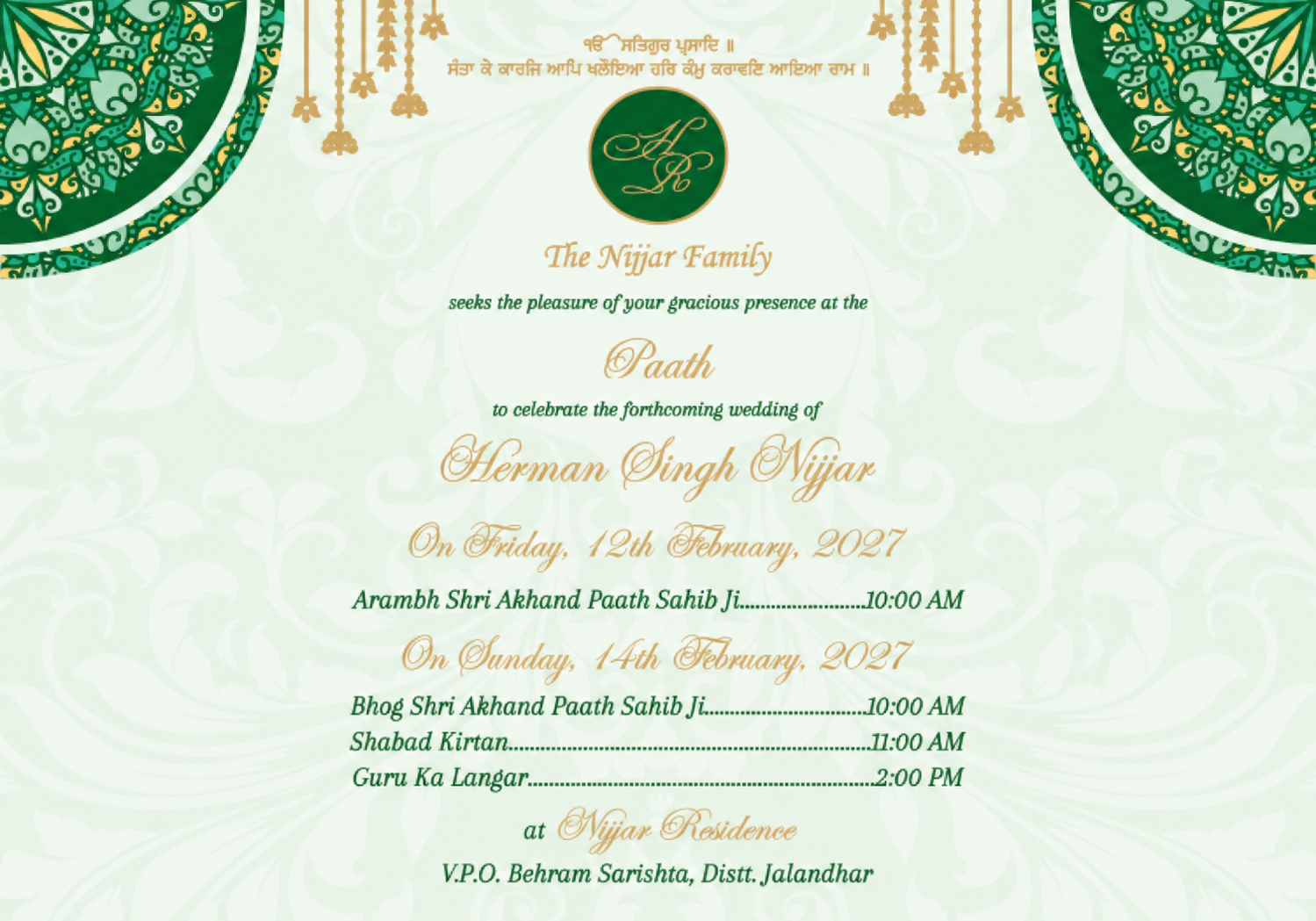 The original Paath invitation. Arambh Shri Akhand Paath Sahib Ji: Friday, 12 February 2027 at 10:00 AM. Sunday, 14 February: Bhog at 10:00 AM, Shabad Kirtan at 11:00 AM, Guru Ka Langar at 2:00 PM. Nijjar Residence, V.P.O. Behram Sarishta, Distt. Jalandhar.